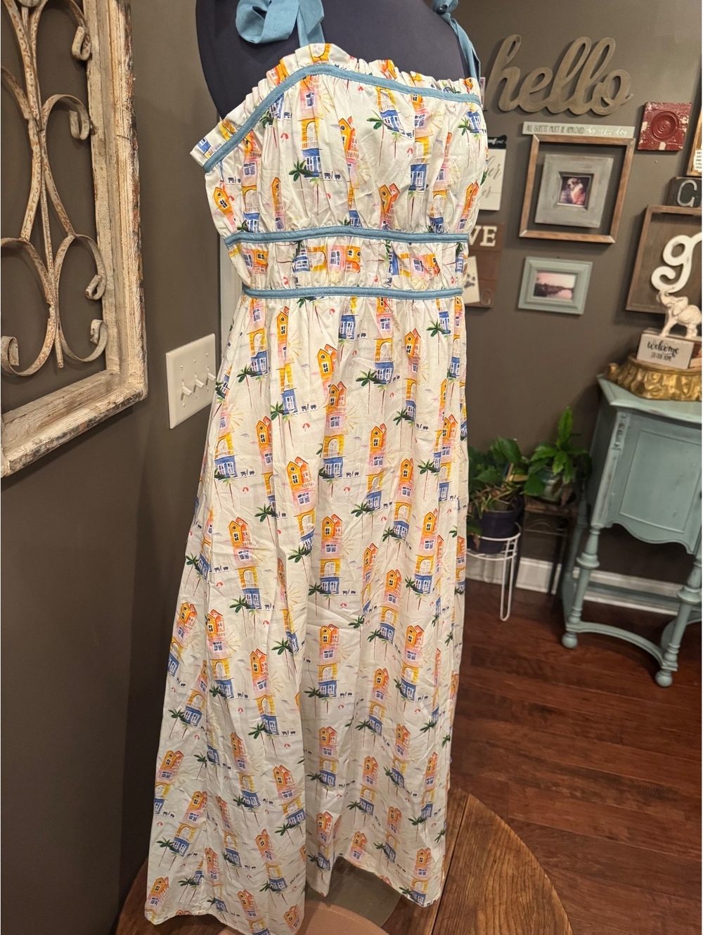 NWT Davi & Dani Women's Maxi Dress with Colorful House Print and Blue Tie Straps
